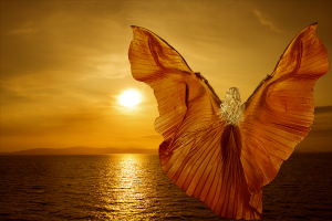 Woman With Butterfly Wings Flying On Fantasy Sea Sunset, Relaxat