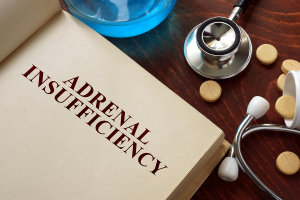Adrenal insufficiency written on book with tablets.